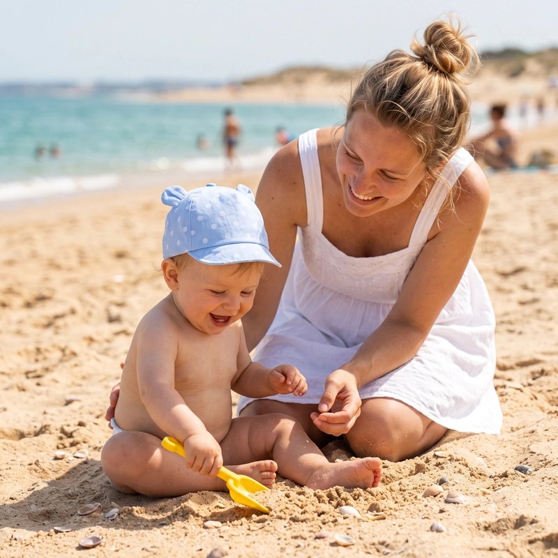 Bébé porte casquette bebe bleu ciel à plage avec maman
