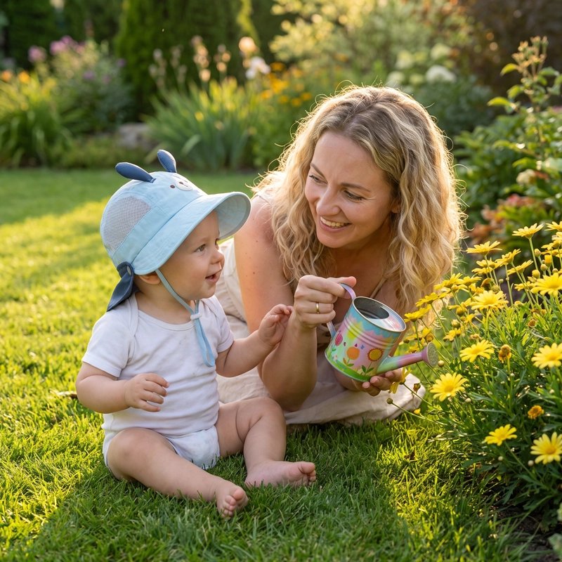 Bébé porte chapeau bebe bleu dans jardin avec maman