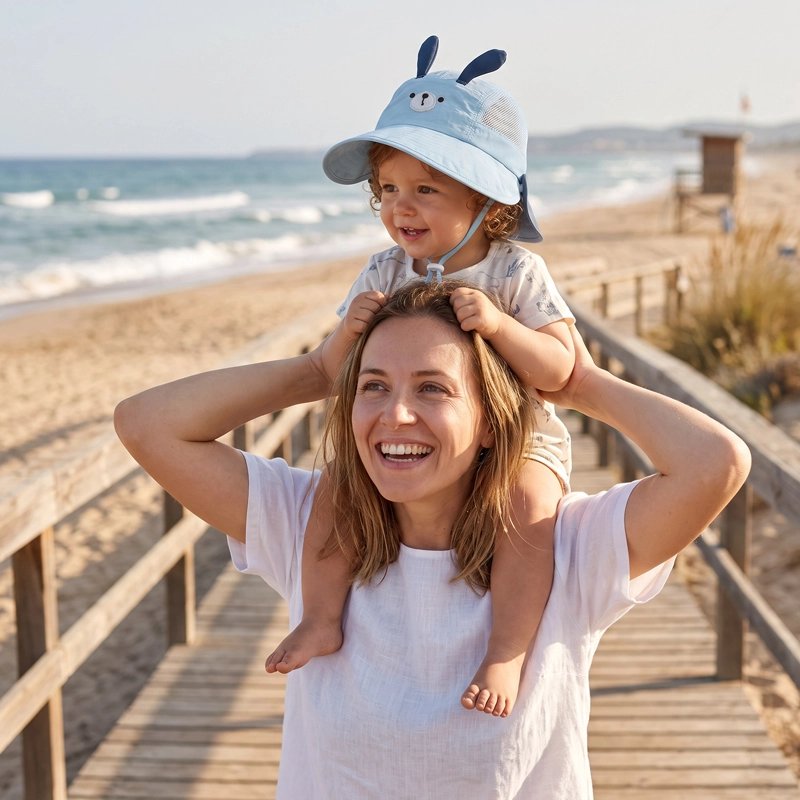 Bébé porte chapeau bebe bleu en plage