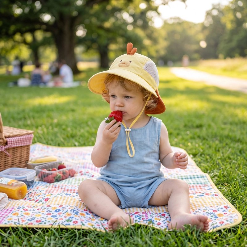 Bébé porte chapeau bebe jaune poussin au parc