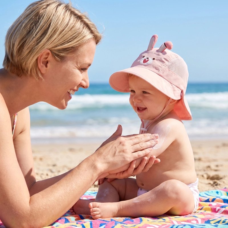 Bébé porte chapeau bebe rose en plage avec maman