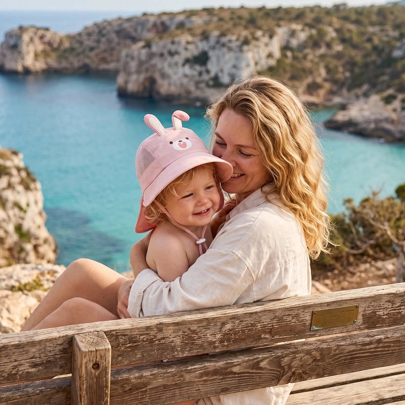 Bébé porte chapeau bebe rose près de falaise