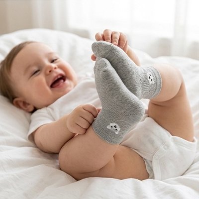 Bébé porte chaussette bebe gris tête chat
