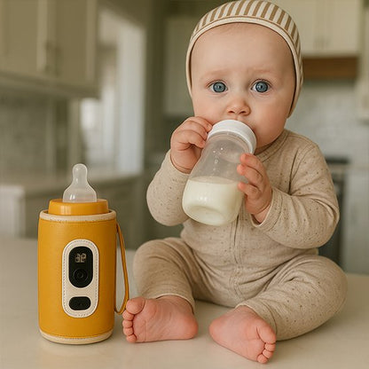 bébé prend biberon à côté chauffe biberon nomade jaune