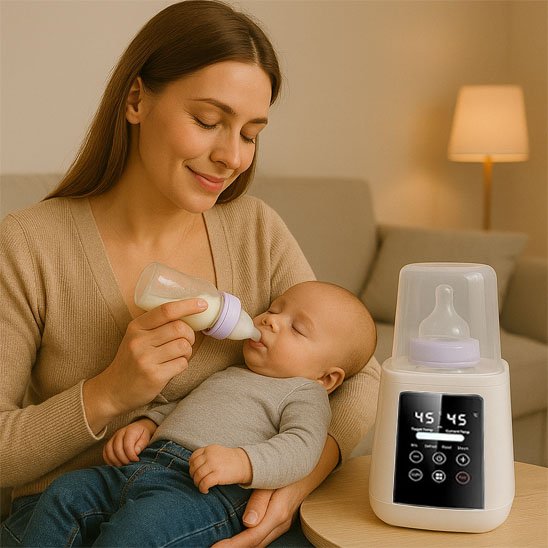 Bébé  prend biberon à côté de chauffe biberon blanc

