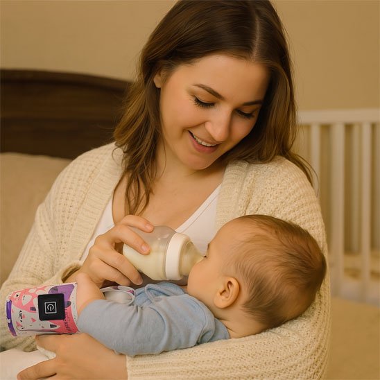 bébé prend biberon tenant chauffe biberon portable chat
