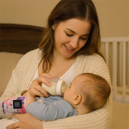 bébé prend biberon tenant chauffe biberon portable chat