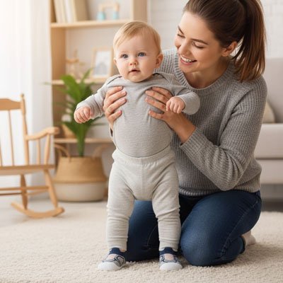 Bébé près de maman porte chaussure bebe bleu foncé