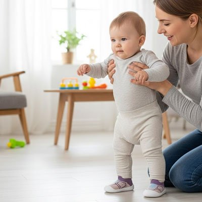 Bébé près de maman porte chaussure bebe rose