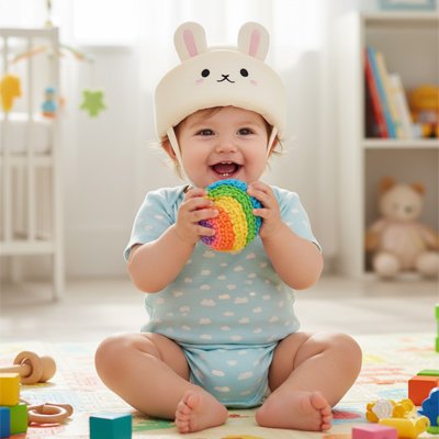Bébé riant  et jouant porte casque bebe chat 