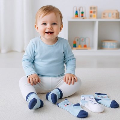 Bébé riant porte chaussettes bebe bleu près lot de chaussettes