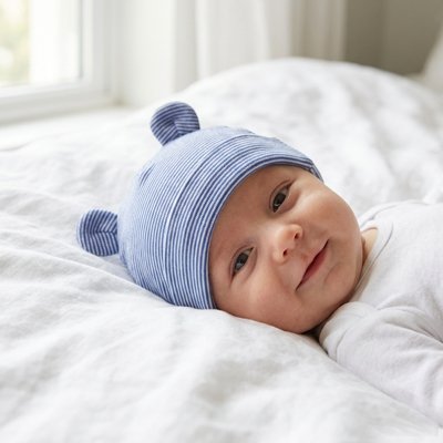 Bébé souriant au lit porte bonnet bebe bleu petites oreilles