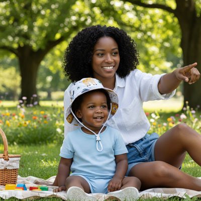 Bébé souriant au parc avec maman porte chapeau bebe protection