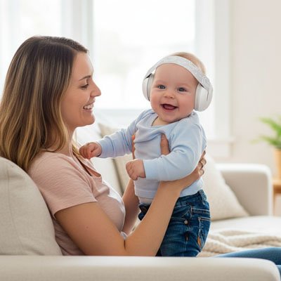 Bébé souriant avec maman porte casque anti bruit bébé blanc