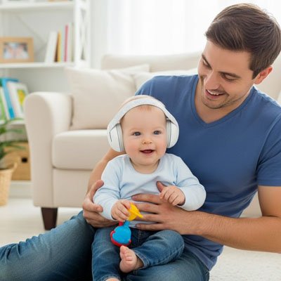 Bébé souriant avec papa porte casque anti bruit bébé blanc