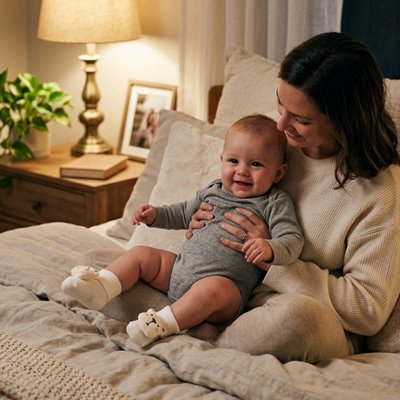Bébé souriant dans bras maman porte-chaussettes-bebe beige ours
