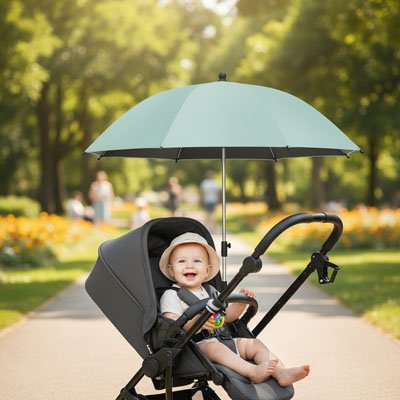 Bébé souriant dans poussette sous ombrelle poussette verte