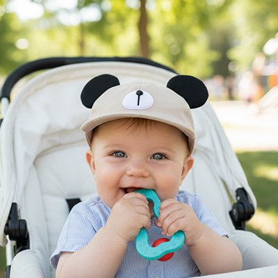 Bébé souriant dehors porte casquette bébé blanc ours