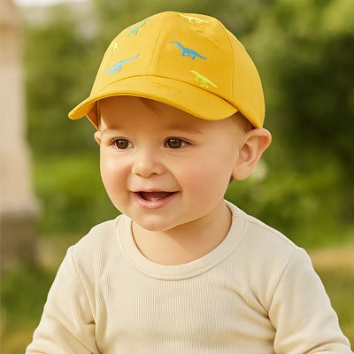 Bébé souriant dehors porte casquette jaune motif dinosaure