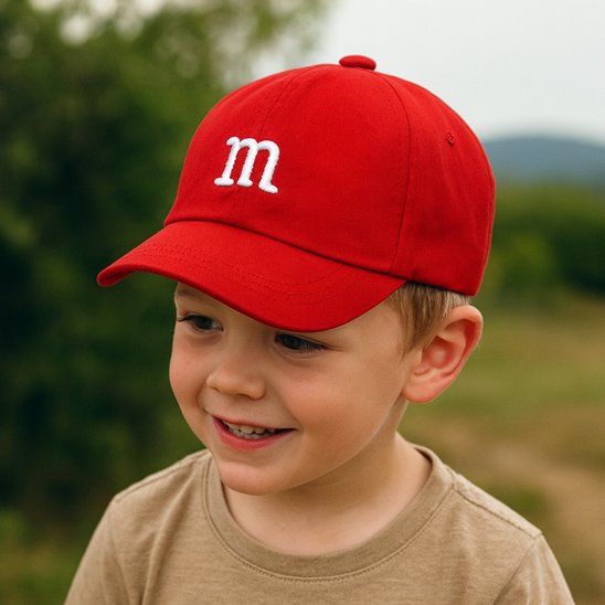 Bébé  souriant dehors porte casquette  rouge tendance  