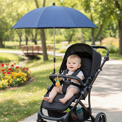 Bébé souriant en balade sous ombrelle poussette bleu