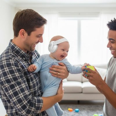 Bébé souriant en famille porte casque anti bruit bébé blanc
