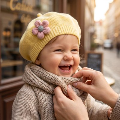 Bébé souriant porte bonnet bebe jaune fleur en terrace