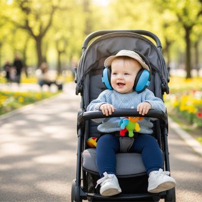 Bébé souriant porte casque anti bruit bébé bleu