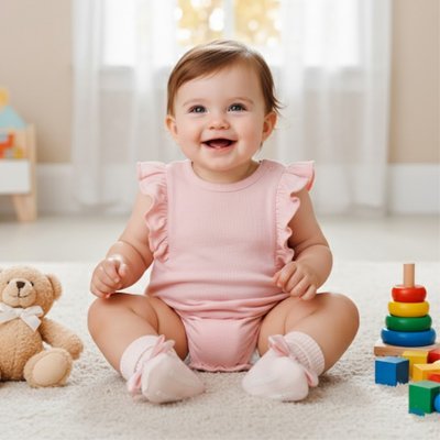 bébé souriante avec chaussette bébé rose ultra doux