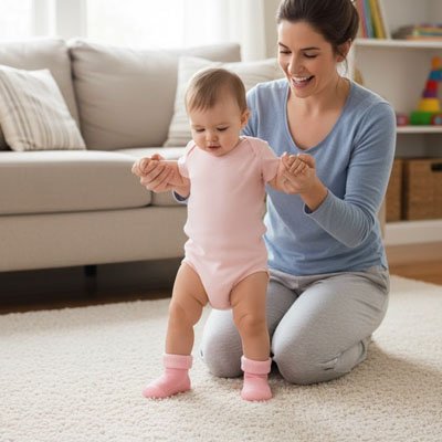 Bébé souriante debout devant maman porte chaussure bebe rose 