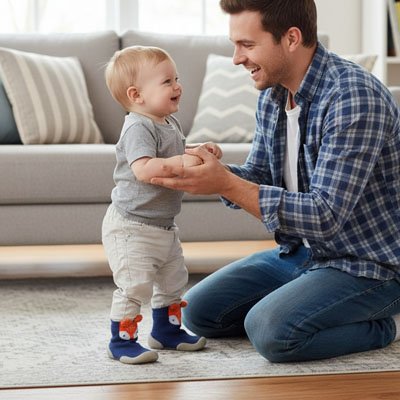 Bébé souriante debout devant papa porte chaussure bebe bleu antidérapante