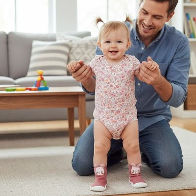 Bébé souriante debout devant papa porte chaussure bebe rose antidérapante
