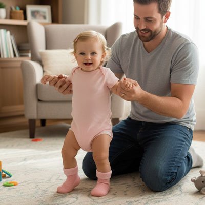 Bébé souriante devant papa porte chaussure bebe rose