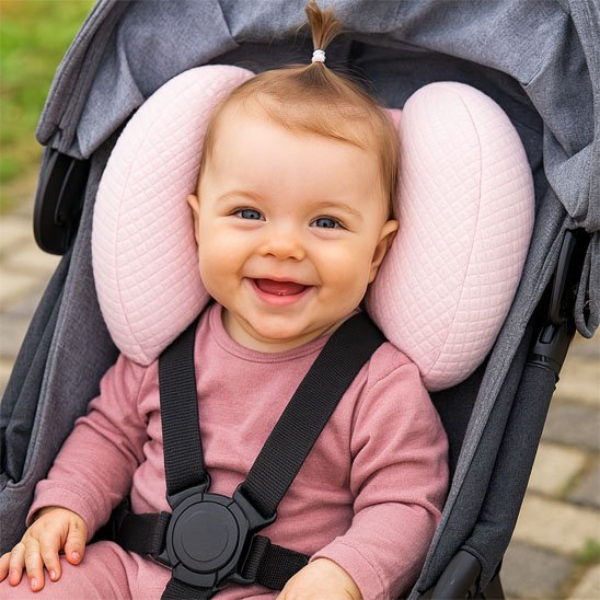 Bébé souriante porte cale tête bébé rose 