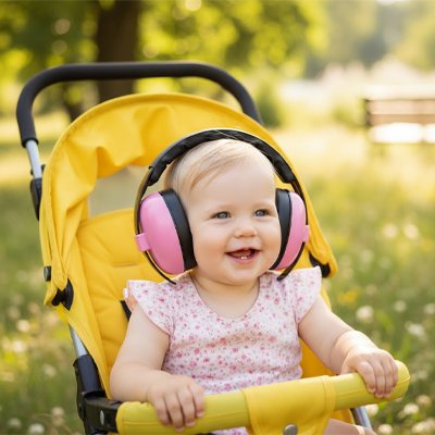 Bébé souriante porte casque anti bruit bébé rose