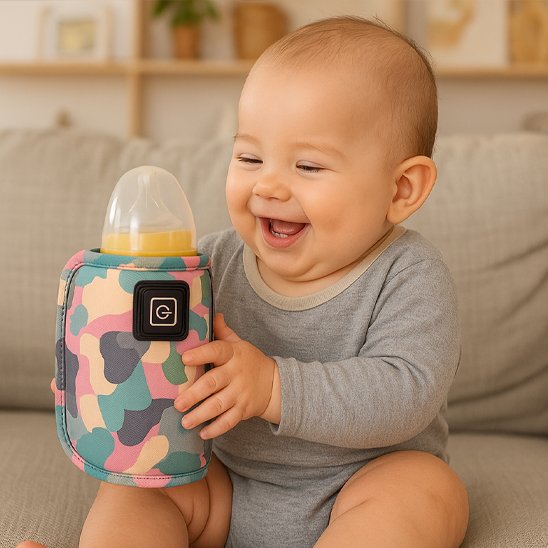 Bebe souriants tiennent chauffe portable biberon bicolore