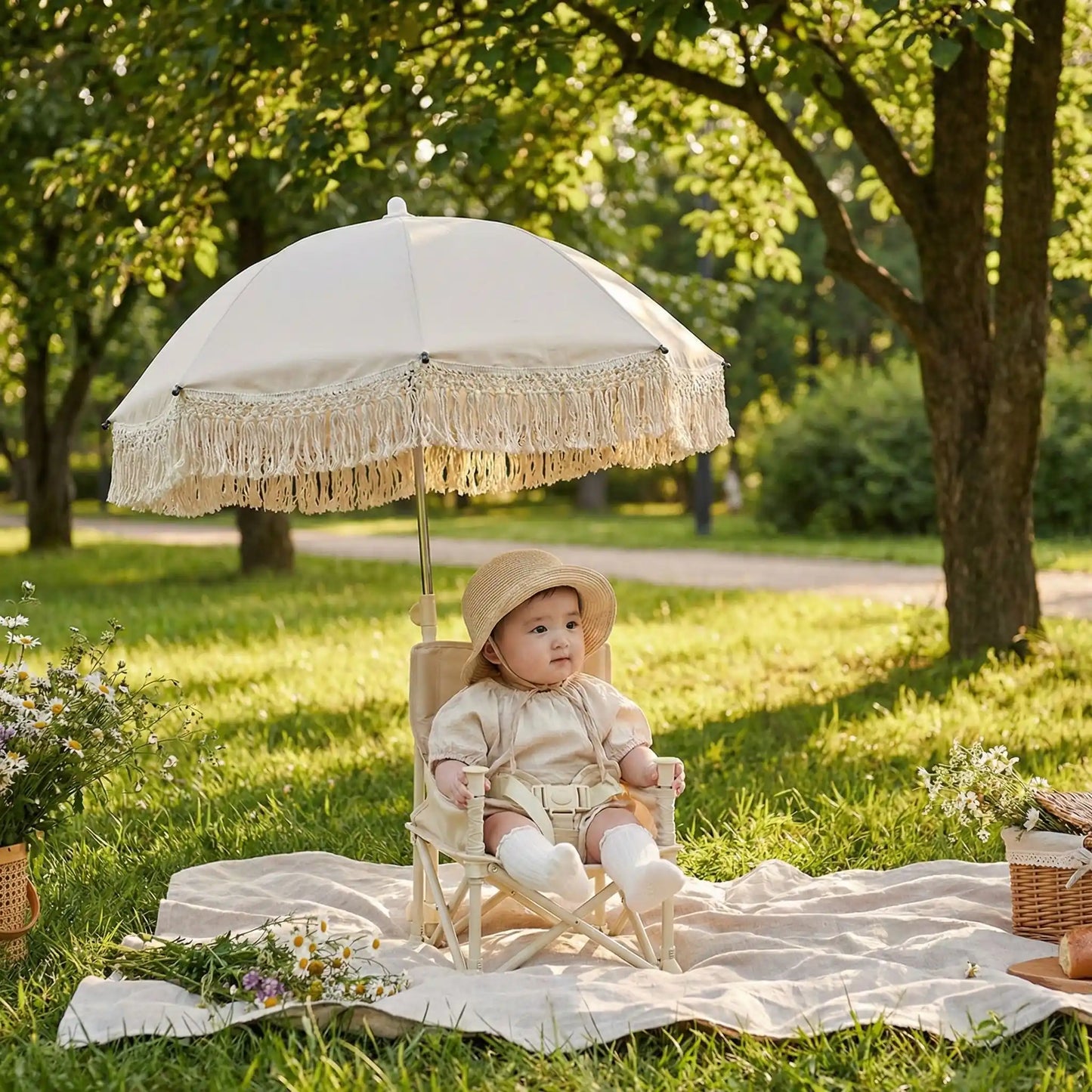 bébé sous ombrelle pour beige pique nique au parc