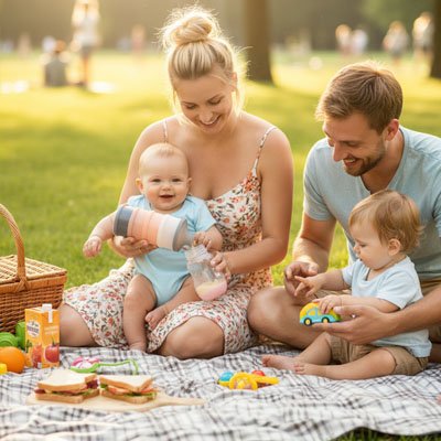 boite doseuse lait utilises par parents et jumeaux au parc