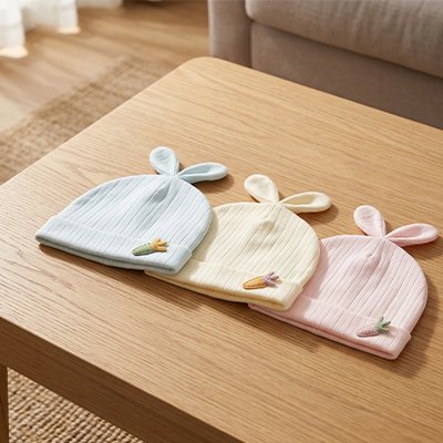 Bonnet bebe bleu jaune rose sur table de chambre