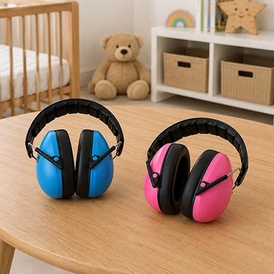 Casque anti bruit bébé bleu et rose minicalm sur table