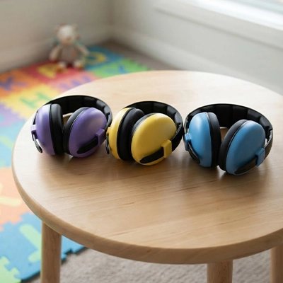 Casque anti bruit bebe violet jaune et bleu bébé zen