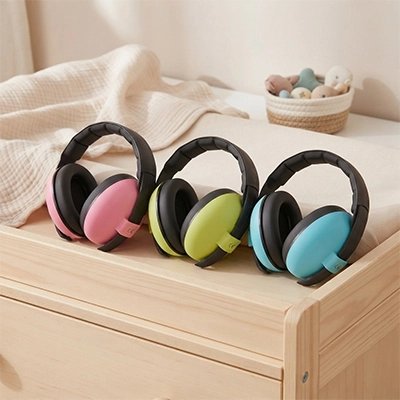 Casque anti bruit bébé rose vert et bleu certifiés sur table