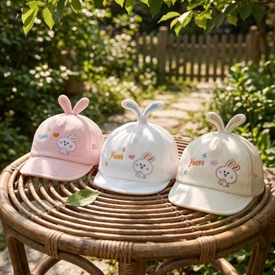 Casquette bebe  rose bleu beige dans jardin