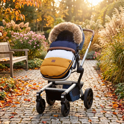 Chancelière poussette bleu marine blanc marron dans jardin