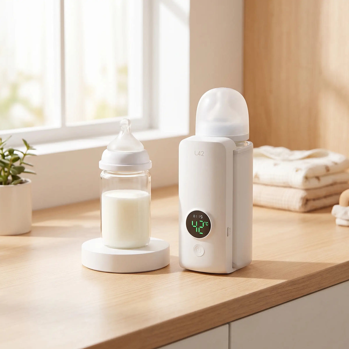 Chauffe biberon blanc posé sur commode