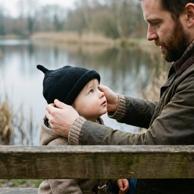 Complicité entre papa et bébé portant bonnet bebe noir
