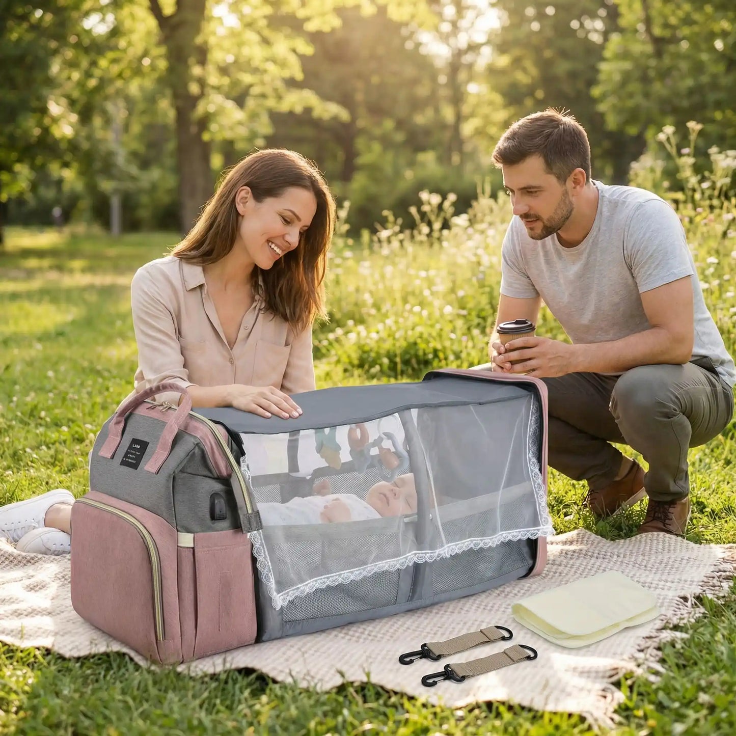 couple au parc bébé sac à langer mommy pliable rose