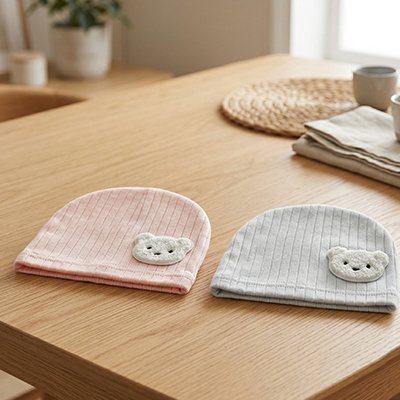 Deux bonnet bebe rose et bleu sur commode