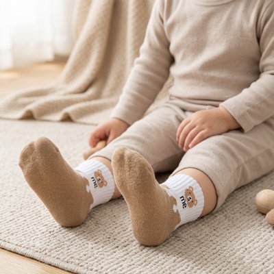 Enfant assis portant chaussette bebe marron blanc moi ourson