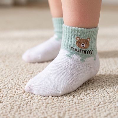 Enfant debout portant chaussette bebe blanc  vert mummy ourson